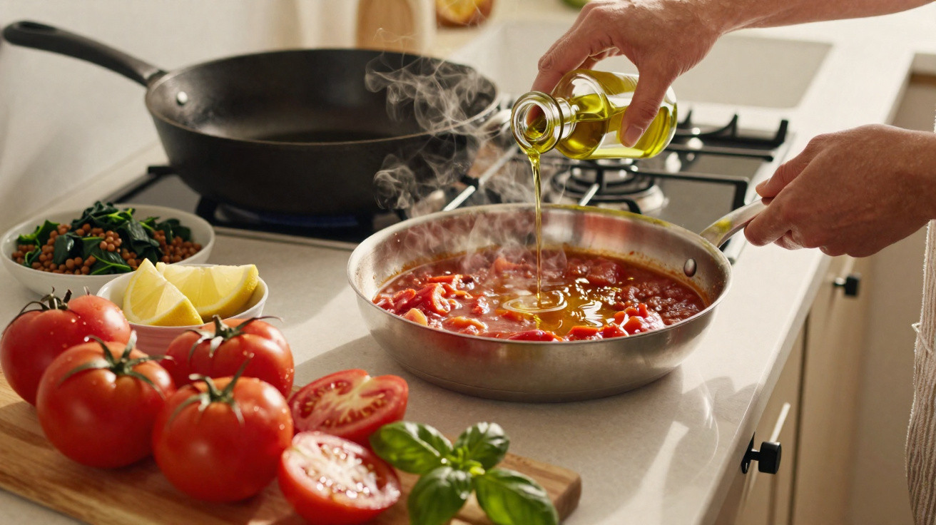 Pessoa despejando azeite em panela com molho de tomate em fogão, com tomate, limão e manjericão na bancada.