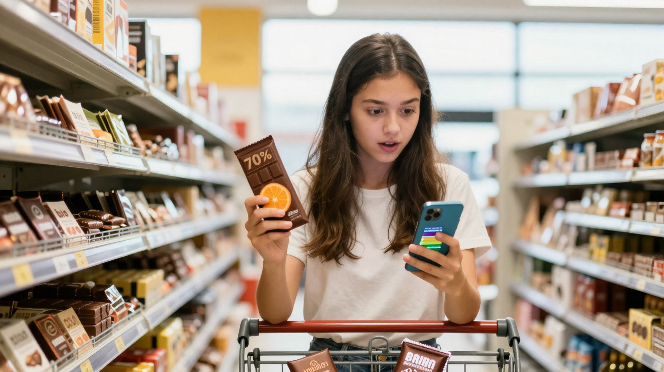Jovem segurando barra de chocolate e olhando para celular no corredor de supermercado.