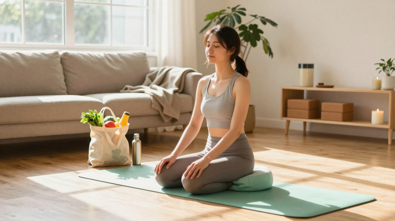 Mulher meditando sentada de joelhos em tapete de yoga em sala iluminada e arejada.