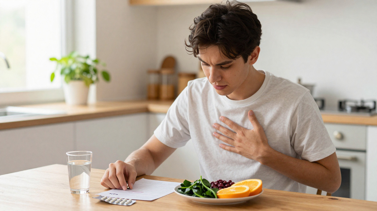 Jovem com dor no peito sentado à mesa com comida saudável, remédios e copo de água na cozinha.
