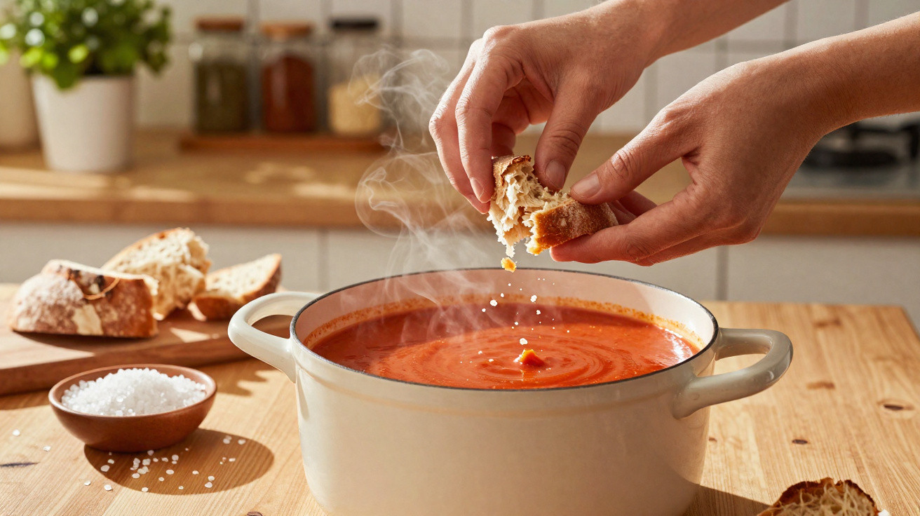 Mãos seguram pedaço de pão sobre panela com sopa de tomate quente em cozinha iluminada.