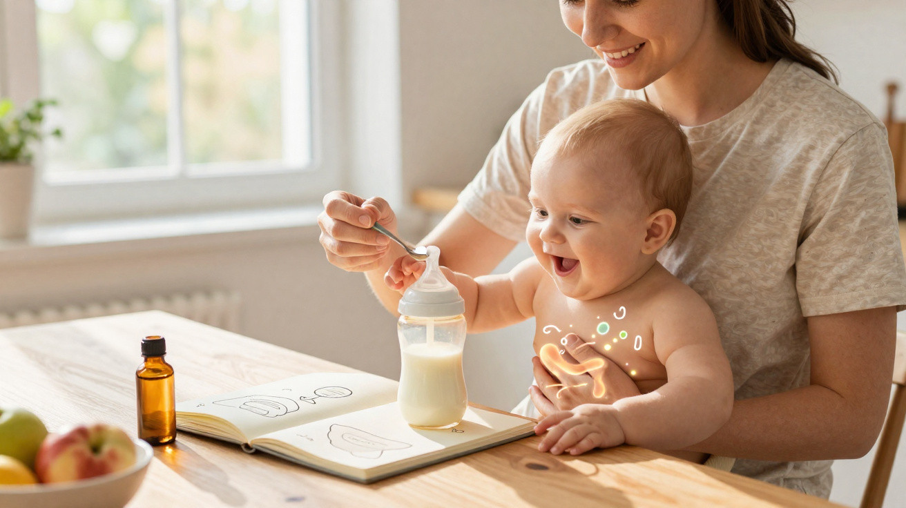 Mãe alimentando bebê com mamadeira enquanto estão à mesa em ambiente iluminado e acolhedor.