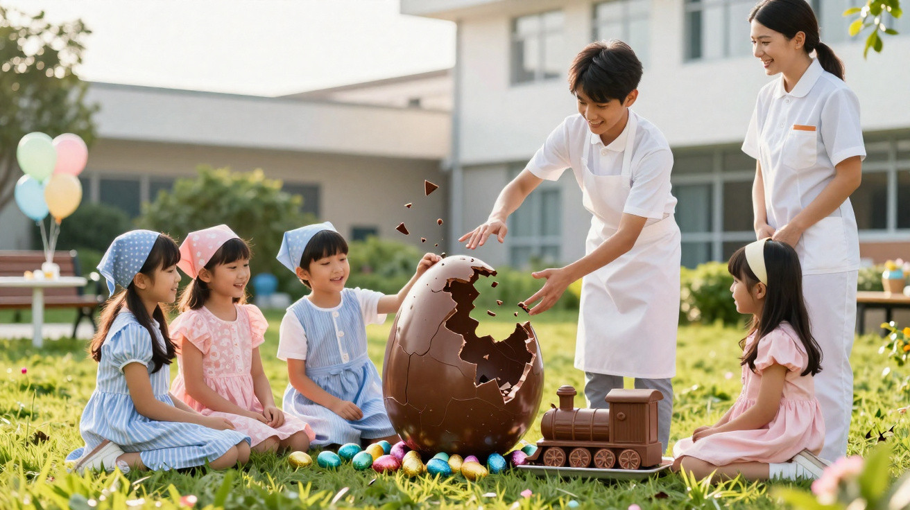 Crianças e adultos exploram um grande ovo de chocolate quebrado em jardim com ovos coloridos e brinquedo de trem.