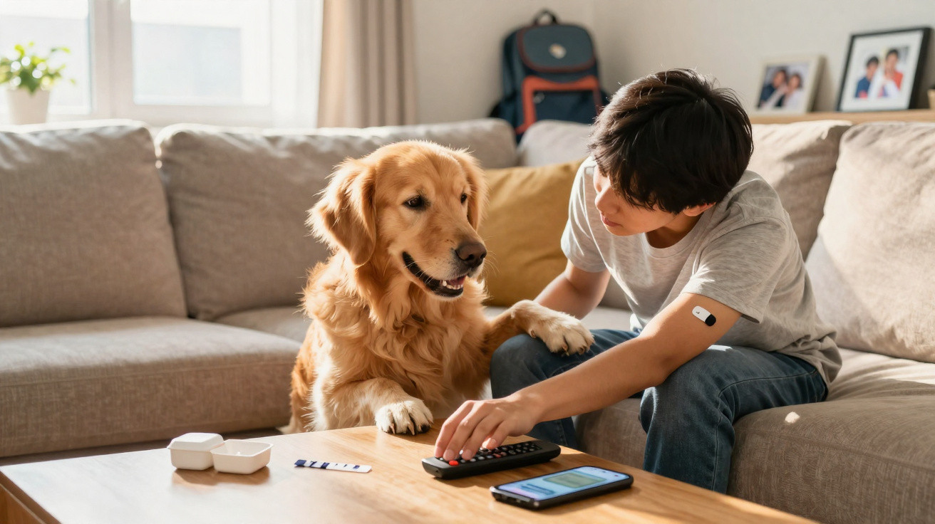 Menino com adesivo de glicose no braço interage com cachorro golden retriever em sofá na sala de estar.