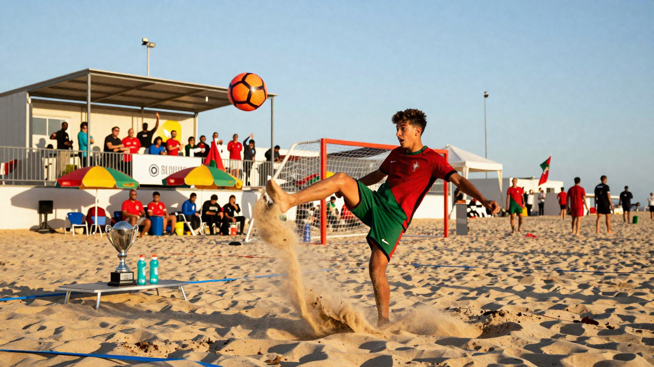 Jovem jogador chuta bola laranja em jogo de futebol de areia com torcida e troféu ao fundo.