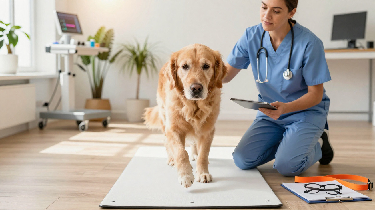 Veterinária examina cão golden retriever caminhando em clínica veterinária iluminada.