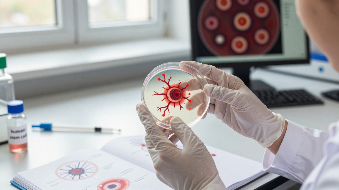 Cientista em laboratório analisando cultura celular vermelha em placa de Petri com luvas brancas.