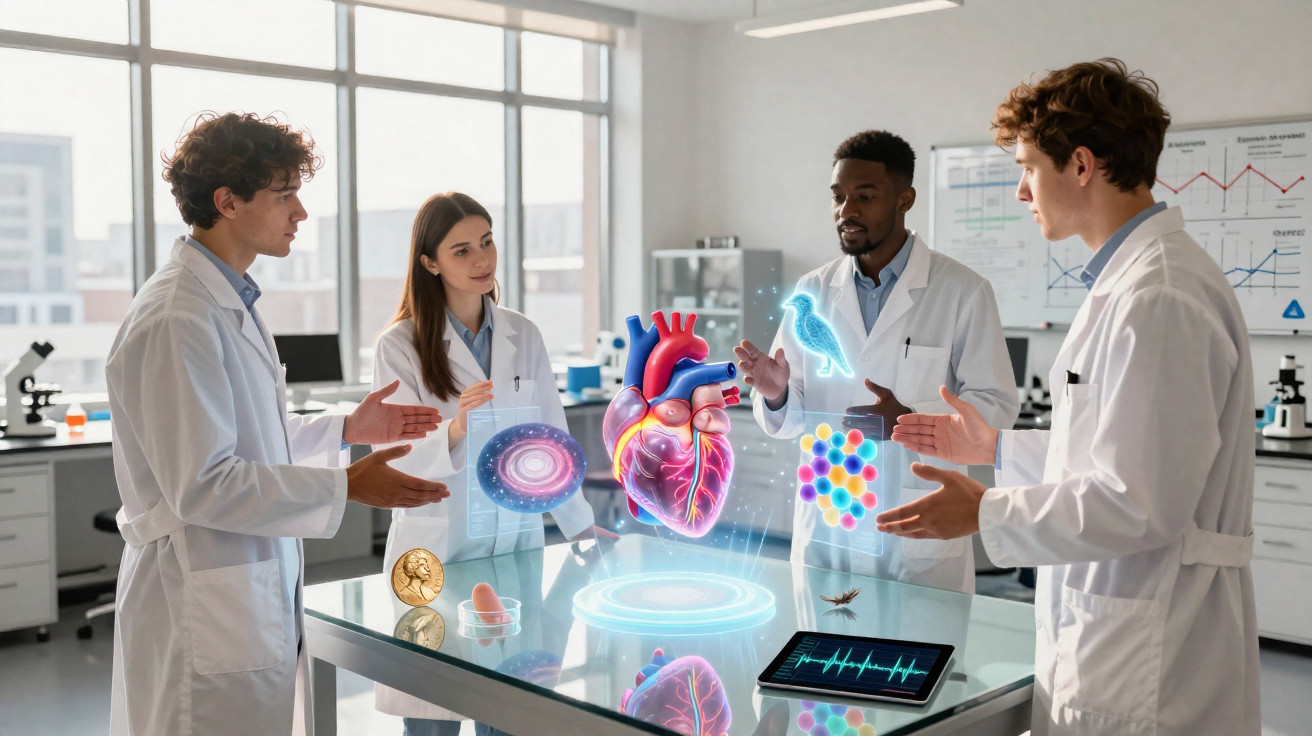 Quatro cientistas em laboratório analisam projeções holográficas de coração, moléculas e outros objetos.