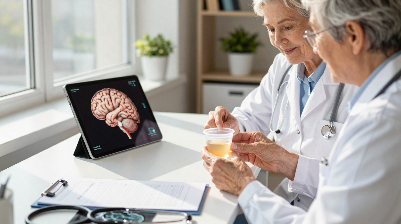 Dois médicos idosos analisando exame enquanto seguram uma amostra de urina em consultório com ilustração de cérebro.