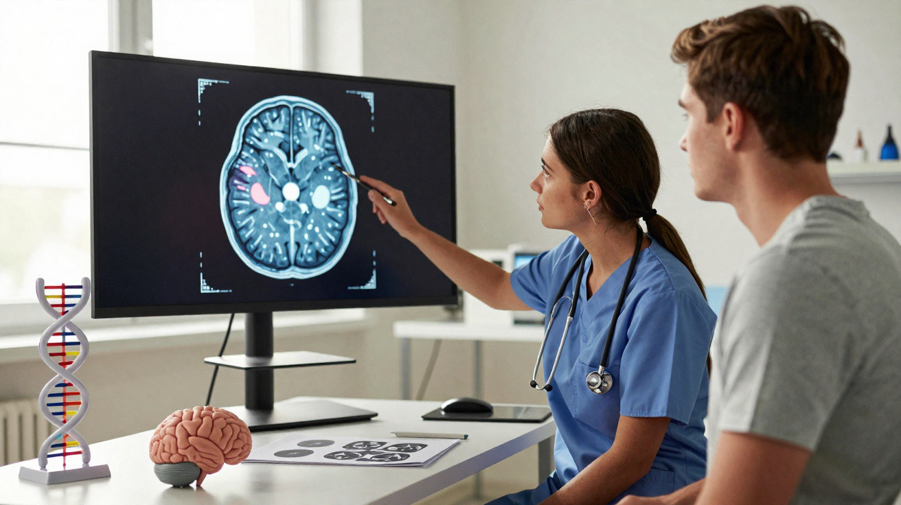 Médica explicando exame cerebral em tela para paciente em consultório com modelo de DNA e cérebro na mesa.