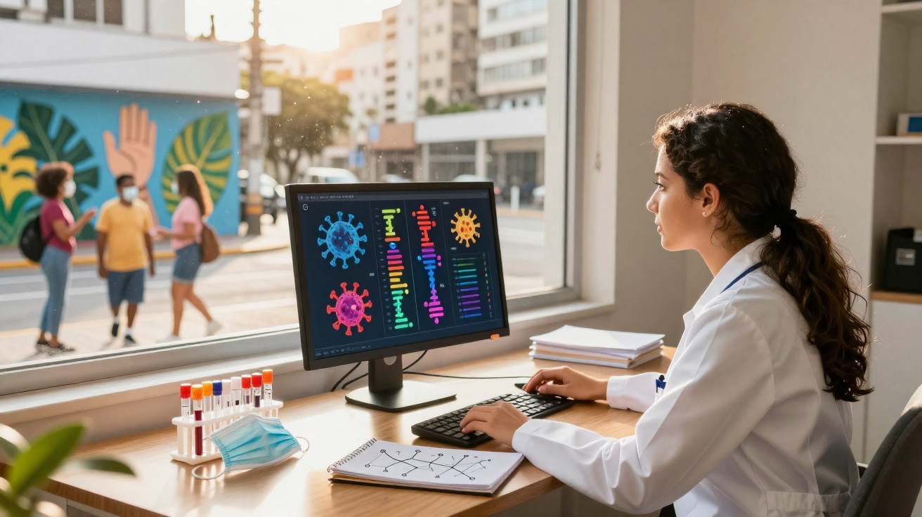 Mulher cientista em jaleco analisa sequências genéticas de vírus na tela do computador em laboratório.