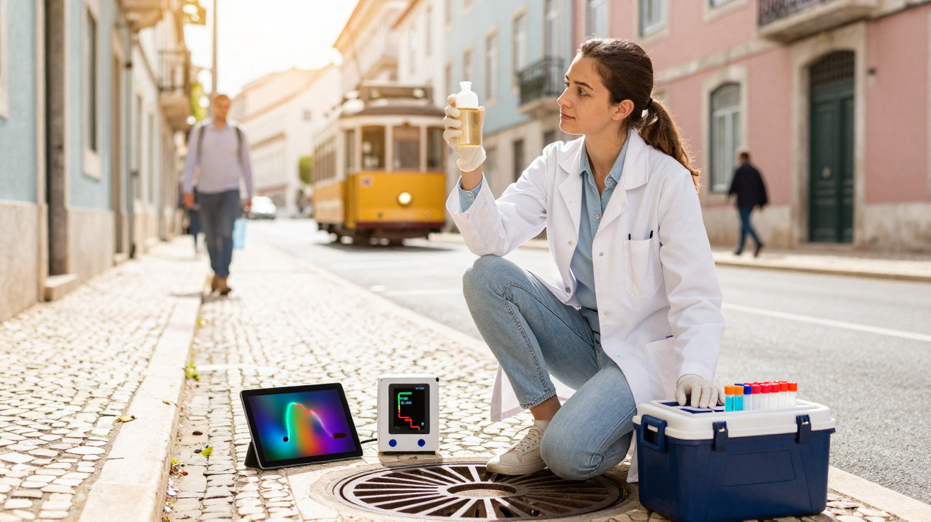 Mulher cientista coleta amostra de água em bueiro urbano com equipamentos de análise ao redor na rua.