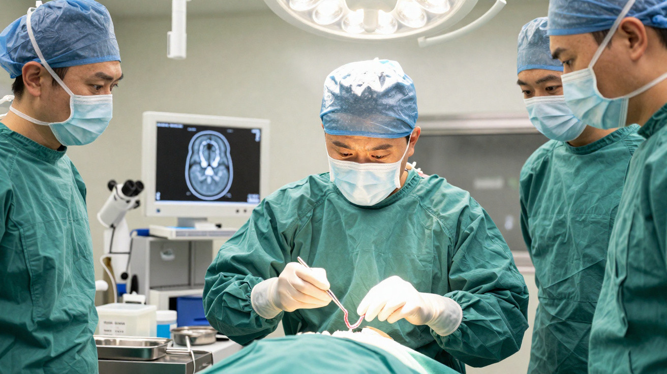 Equipe médica realizando cirurgia em sala cirúrgica com monitor exibindo imagem de tomografia.