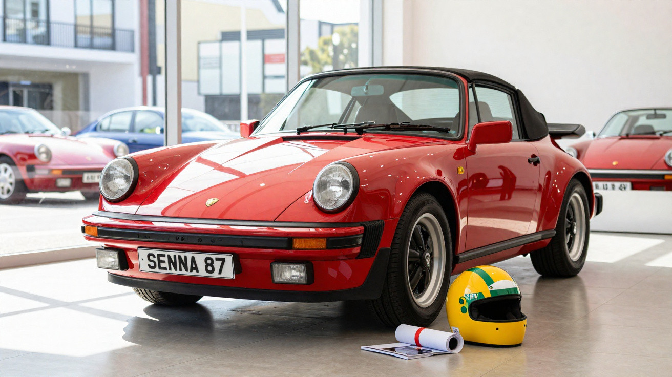 Carro esportivo Porsche vermelho com placa SENNA 87, capacete amarelo-verde e documentos no chão.
