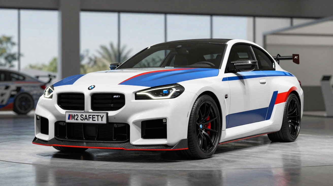 Carro BMW M2 branco com detalhes azul e vermelho em exposição interna, com rodas pretas e aerofólio traseiro.