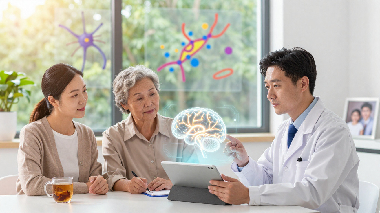 Médico explicando exame cerebral a duas mulheres em consultório com holograma do cérebro em discussão.