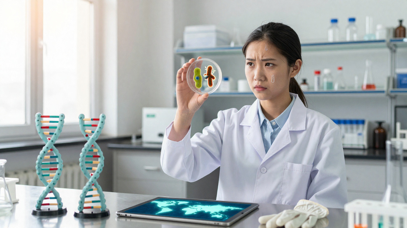 Pesquisadora em laboratório analisa cultura bacteriana em placa de petri com modelo de DNA na mesa.