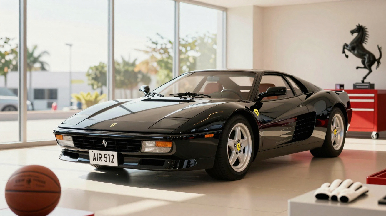 Carro esportivo Ferrari preta modelo clássico exposto em ambiente interno com bola de basquete à frente.