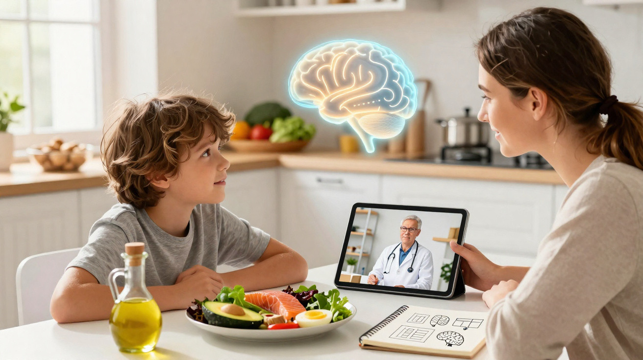 Criança conversando com médica em consulta online sobre saúde cerebral e alimentação saudável na cozinha.