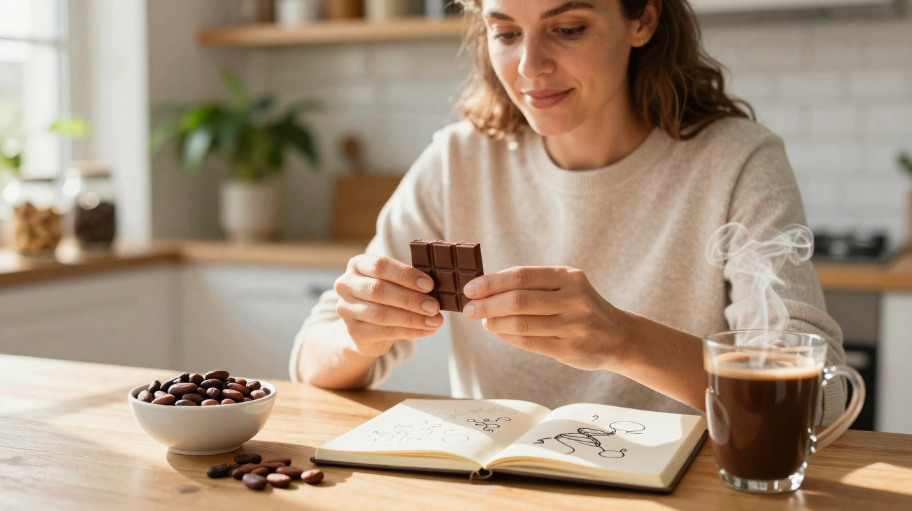 Mulher segurando pedaço de chocolate, com xícara de café quente, caderno aberto e tigela de amêndoas na mesa.