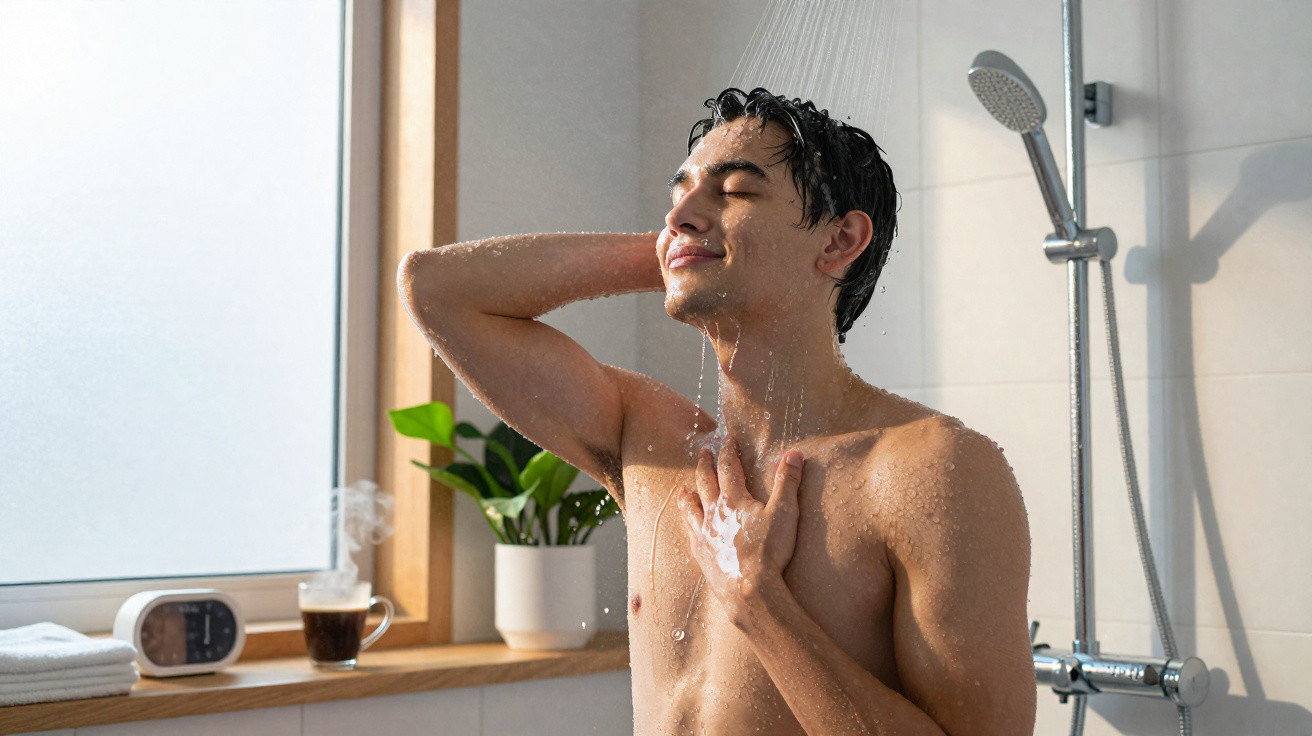 Jovem tomando banho no chuveiro, olhos fechados e expressão de relaxamento, com planta e relógio ao fundo.