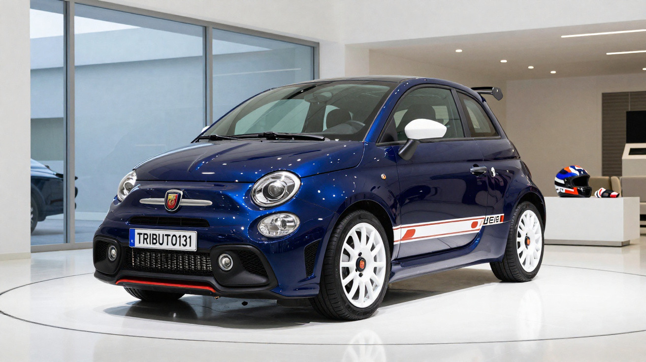 Carro esportivo compacto azul com rodas brancas em exposição interna moderna e minimalista.