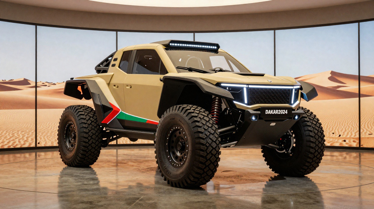 Veículo off-road para rali Dakar 2024 com pneus grandes e design robusto em ambiente simulado de deserto.