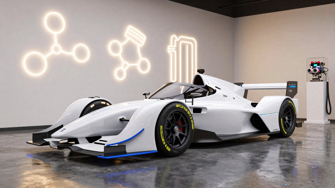 Carro de corrida elétrico branco estacionado em garagem com luzes decorativas de moléculas na parede.