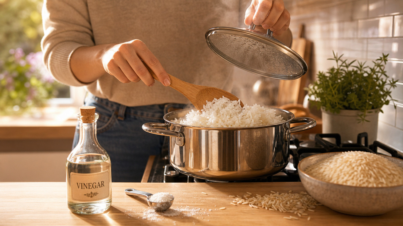 Pessoa mexendo arroz cozido em panela no fogão, com vinagre e arroz cru na bancada da cozinha.
