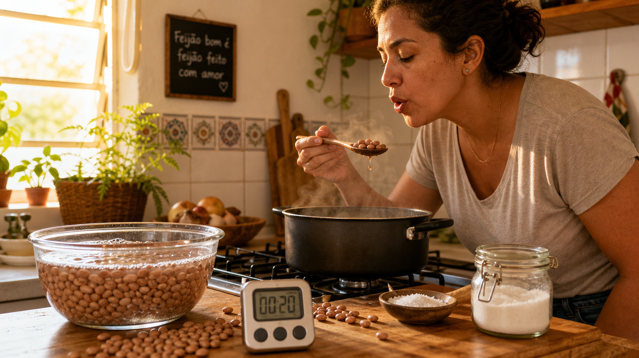 Mulher assoprando feijão em panela na cozinha iluminada, com timer e ingredientes sobre a mesa.