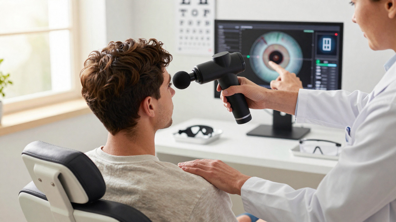 Paciente sentado recebe massagem ocular com dispositivo eletrônico por profissional de saúde.