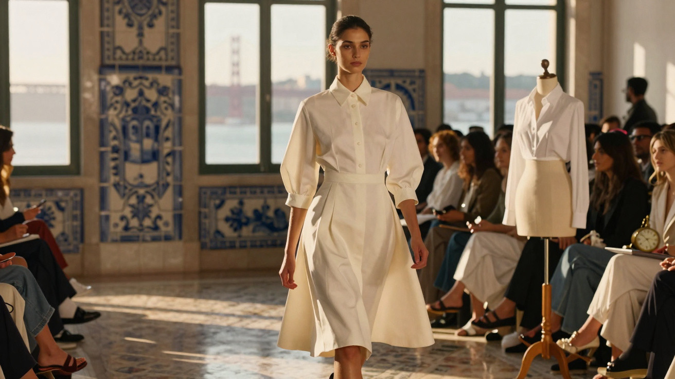 Modelo feminina desfilando vestido branco em passarela com público e manequim ao fundo.