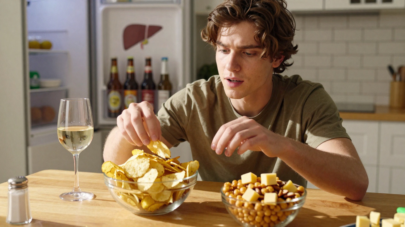 Homem jovem pegando chips em uma tigela com outra tigela de petiscos e taça de vinho em mesa na cozinha.