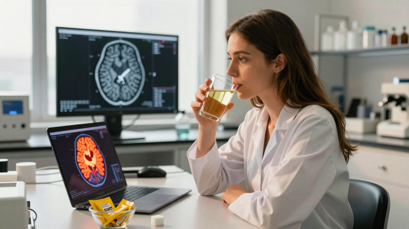 Mulher cientista em laboratório bebendo chá enquanto analisa imagens cerebrais no computador.