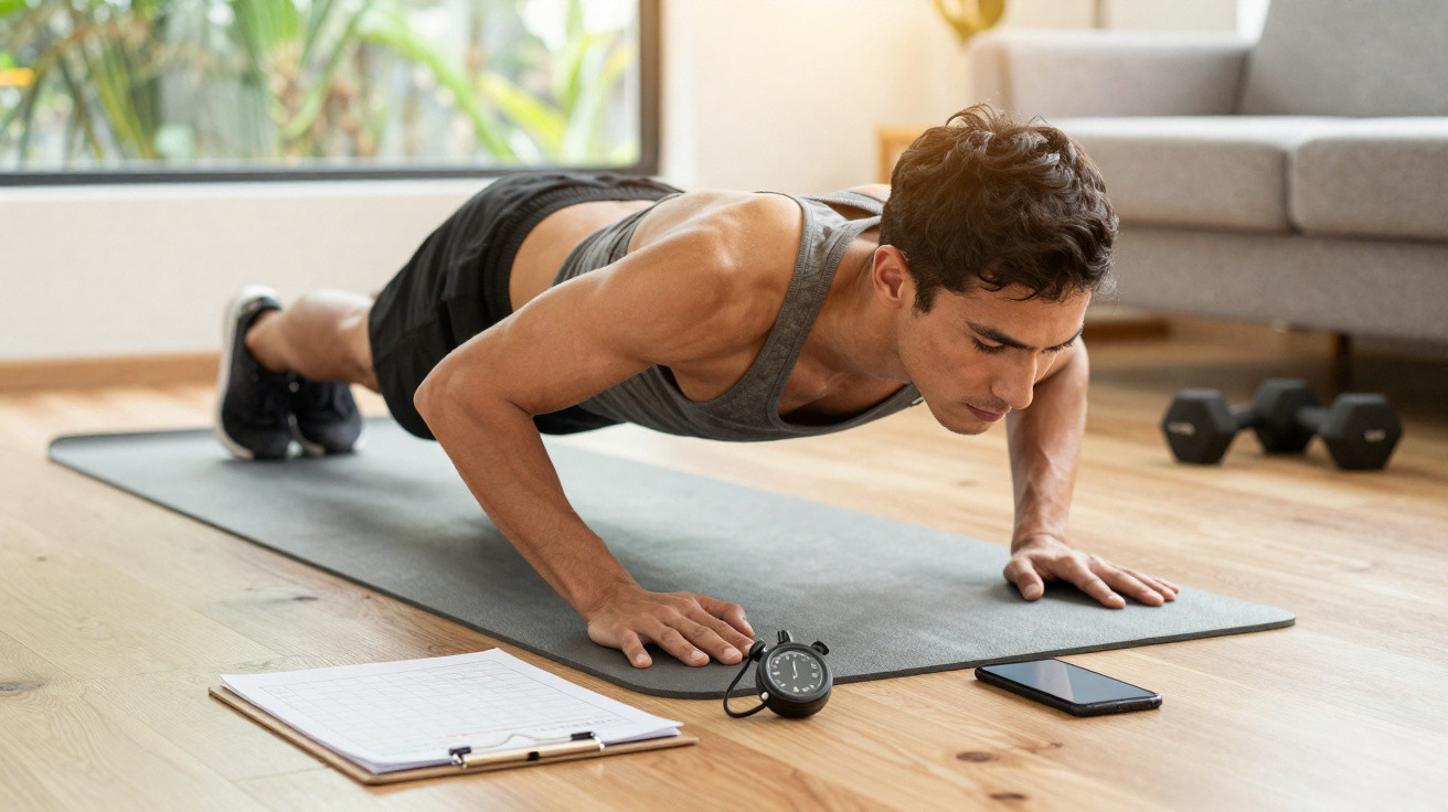 Homem fazendo flexão em tapete de yoga na sala, com cronômetro, celular e prancheta ao lado.