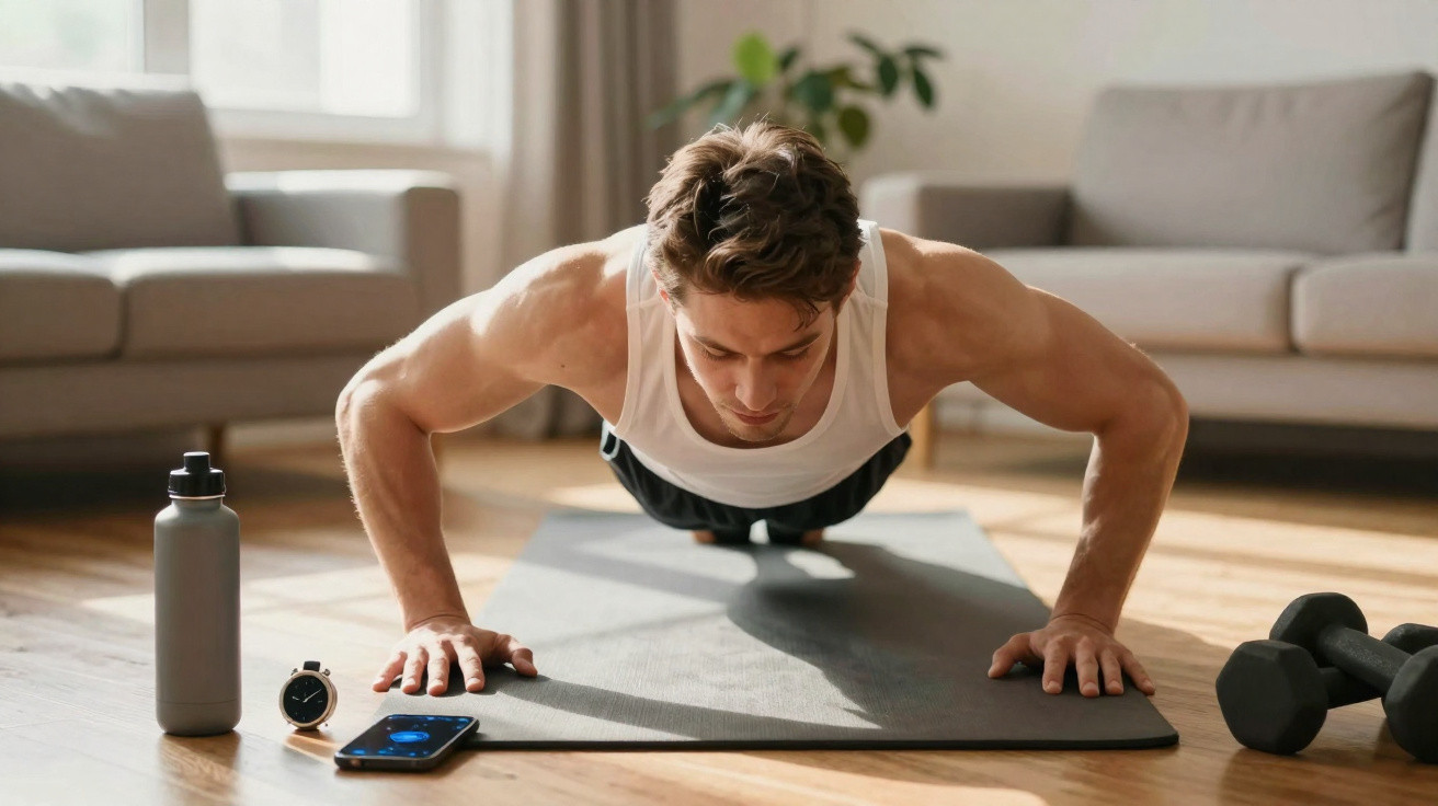 Homem fazendo flexão no colchonete com garrafa, relógio e celular ao lado na sala.