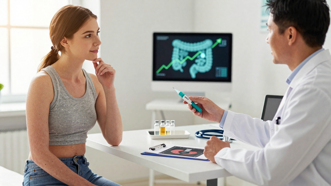 Mulher consultando médico no consultório com imagem de intestino e gráfico em tela ao fundo.