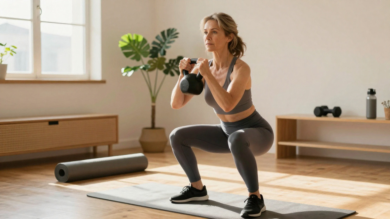 Mulher fazendo agachamento com kettlebell em tapete de yoga em sala iluminada e decorada.
