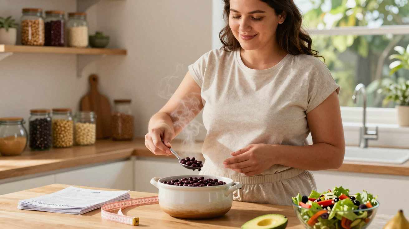 Mulher sorrindo preparando feijão quente na cozinha com salada, abacate e fita métrica na bancada.