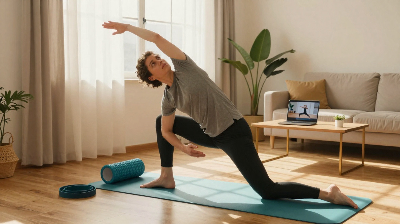 Pessoa fazendo alongamento em tapete de yoga enquanto assiste aula online em laptop na sala iluminada.