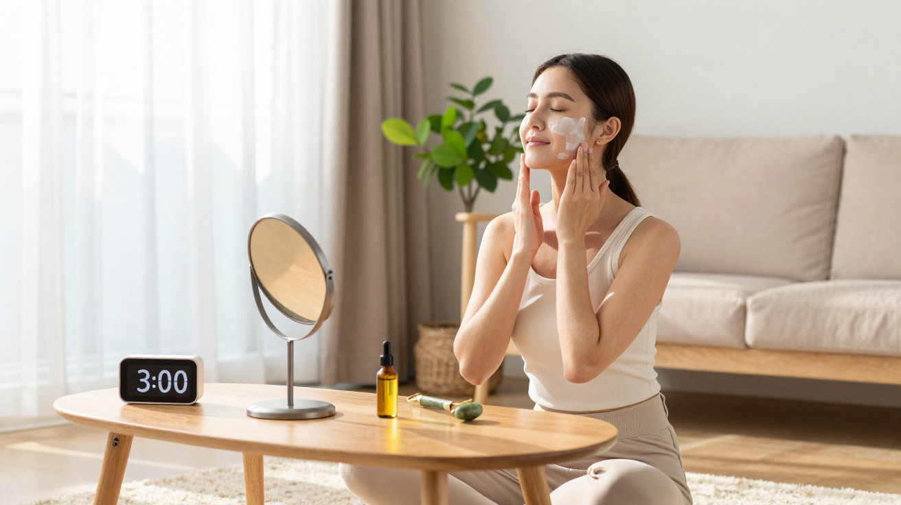 Mulher aplicando creme facial sentada no chão em sala iluminada e confortável.