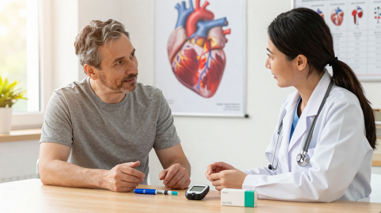 Homem conversa com médica sobre saúde cardíaca em consultório com equipamento médico na mesa.