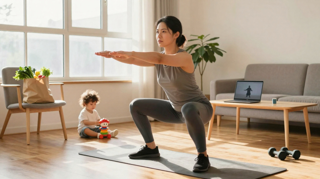 Mulher faz agachamento em tapete de yoga na sala enquanto criança brinca no chão.