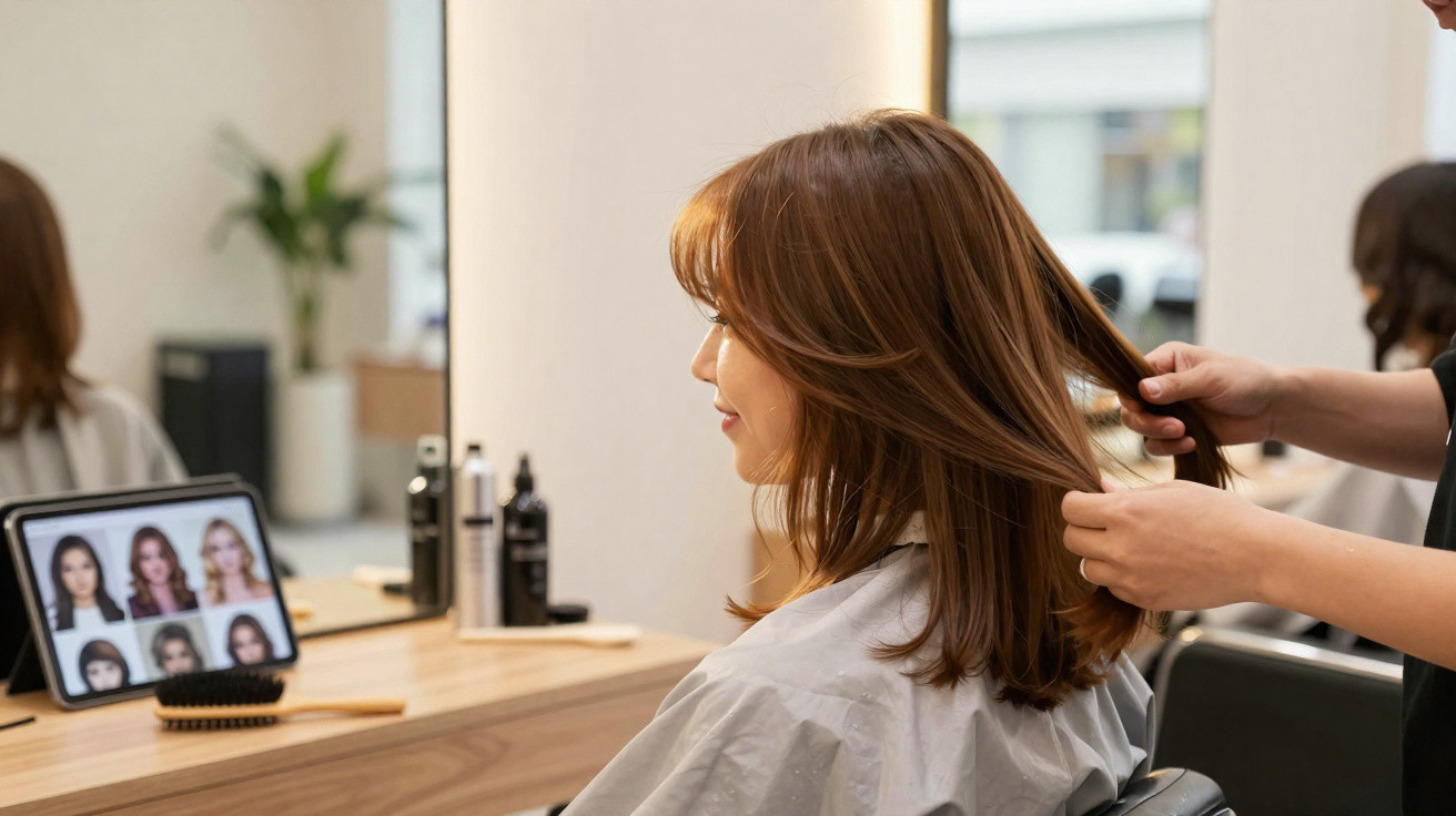 Mulher em salão de beleza tendo o cabelo penteado por profissional usando tablet com opções de cortes.