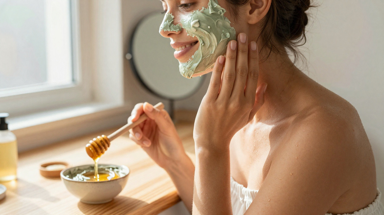 Mulher aplicando máscara facial verde e segurando colher com mel em ambiente iluminado por janela.