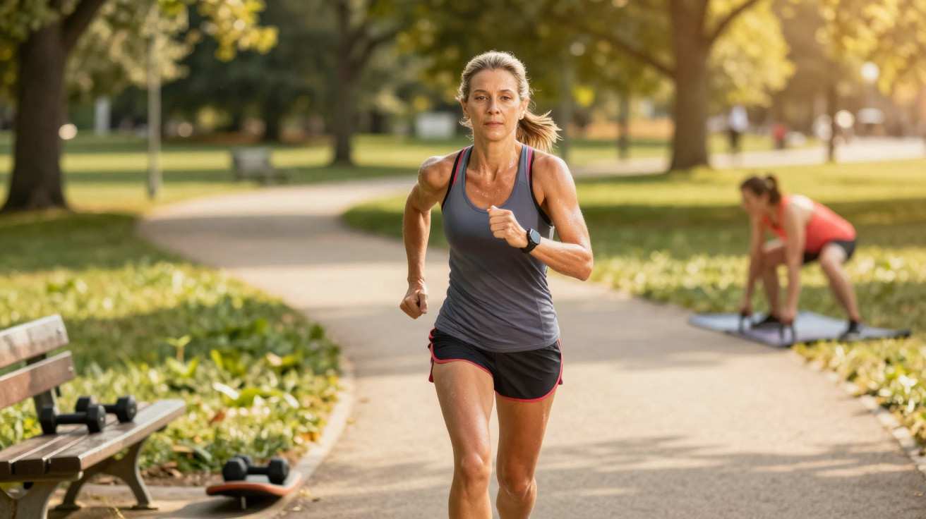 Mulher correndo em parque durante o dia com outra mulher fazendo exercícios ao fundo.