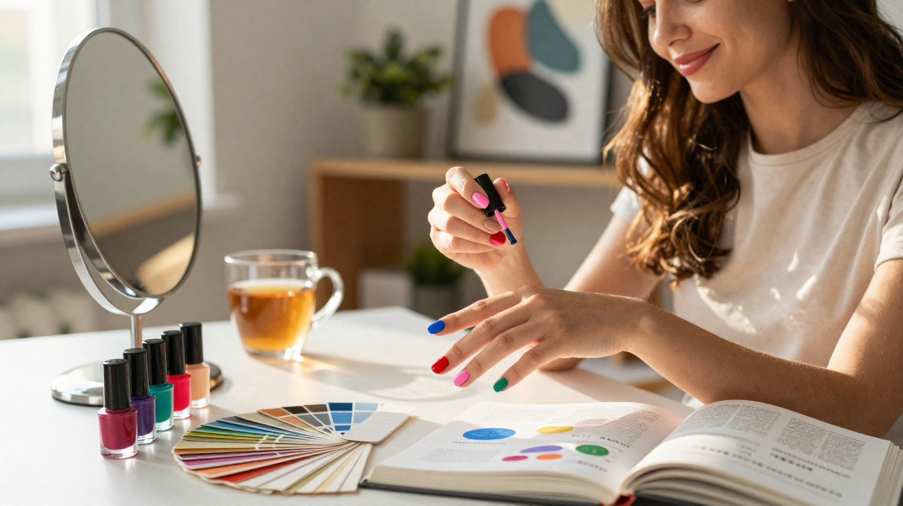 Mulher pintando as unhas com esmaltes coloridos, ao lado de uma paleta de cores e livro aberto.