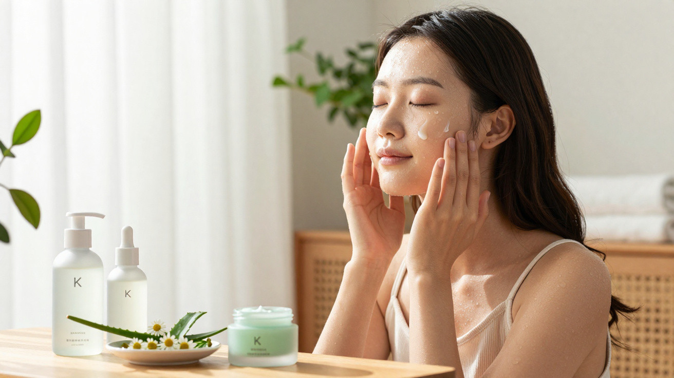 Mulher aplicando hidratante facial com frascos de cosméticos e aloe vera sobre a mesa clara.