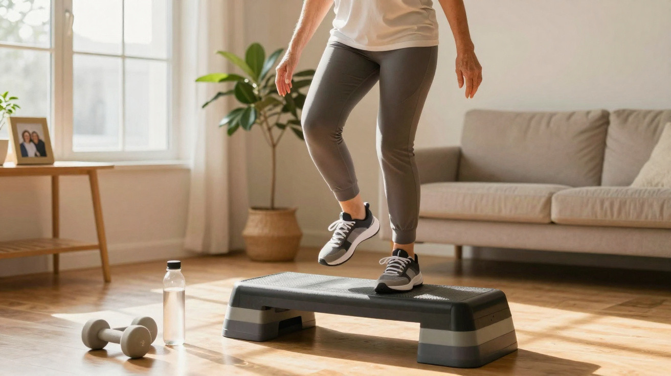 Pessoa fazendo exercício de step em casa, com halteres e garrafa de água no chão ao lado.