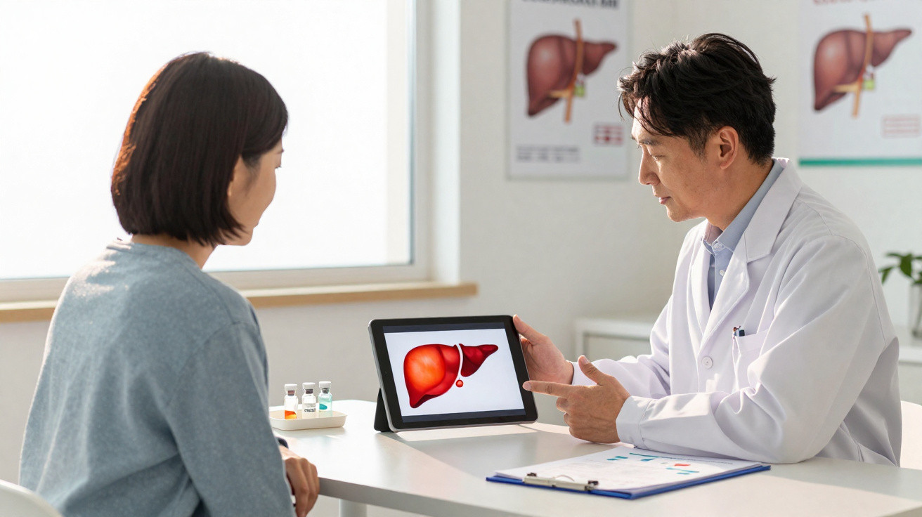 Médico explica exame de fígado em tablet para paciente em consultório iluminado.